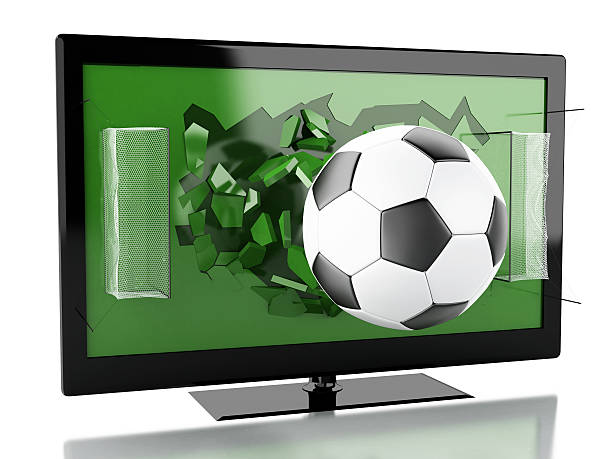 istock 3d Tv screen with soccer field and ball. 503682448
