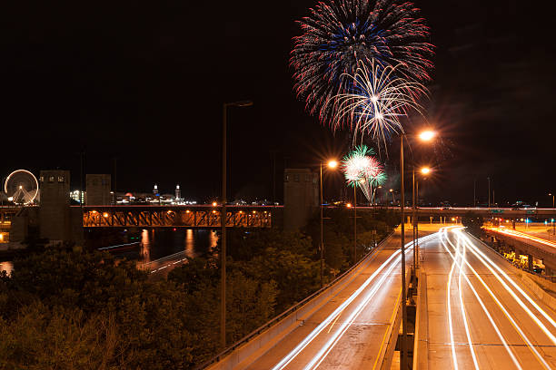 istock Chicago looking along road at night and river 503683340