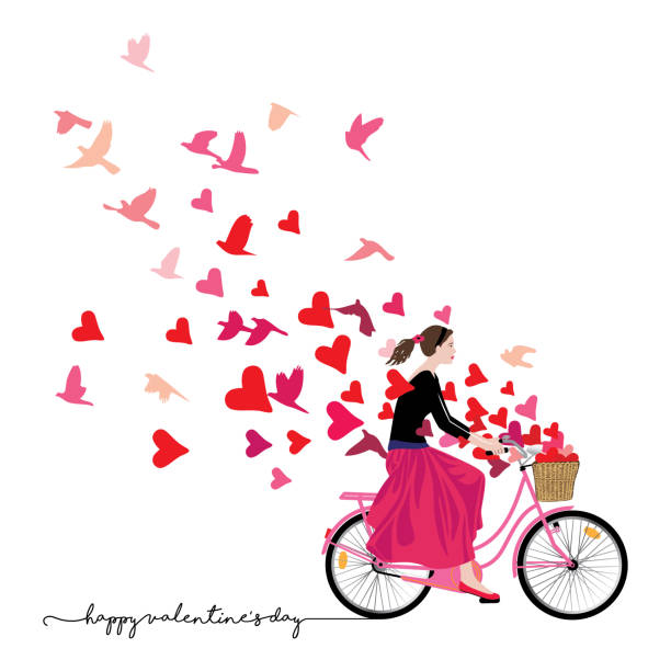 Girl riding bicycle sends love freedom freshness Beautiful girl wearing bandana pony tail black blouse long red skirt ballerinas rides a retro-style pink bicycle with basket full of hearts spreads good mood love joy freedom magenta hearts and birds flying like a fresh breeze around her. Original artwork illustration square shape on white background with typography. women flying bird freedom stock illustrations
