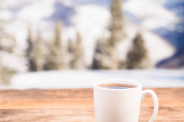 istock Coffee mug, table on winter background.  Relaxation. 503683472