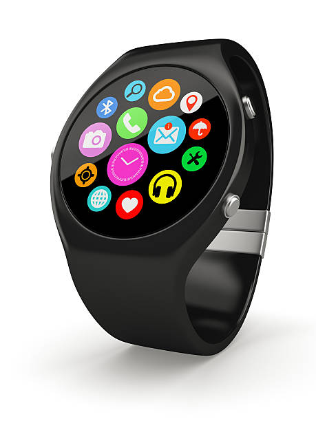 istock Black round smart watch on white background 503685448