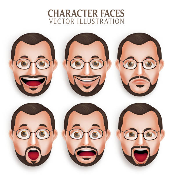 ilustrações, clipart, desenhos animados e ícones de conjunto de velho homem de barba cabeça com diferentes expressão facial - behavior smiley face occupation expressing positivity