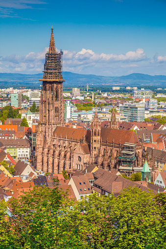 Historic town of Freiburg im Breisgau with famous Freiburg Minster cathedral in beautiful morning light, state of Baden-Wurttemberg, southwest Germany.