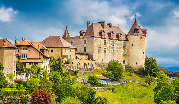 Medieval town of Gruyeres, Fribourg, Switzerland Beautiful view of the medieval town of Gruyeres, home to the world-famous Le Gruyere cheese, canton of Fribourg, Switzerland. fribourg city switzerland stock pictures, royalty-free photos & images