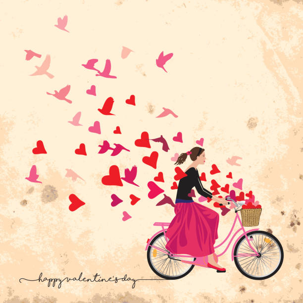 ilustraciones, imágenes clip art, dibujos animados e iconos de stock de bicicleta de montar girl envía los sentimientos de amor y la libertad - computer graphic multi colored little girls teenage girls