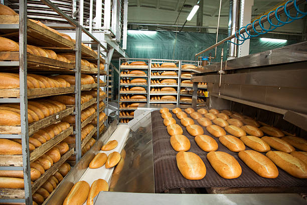 Hot baked breads on a line