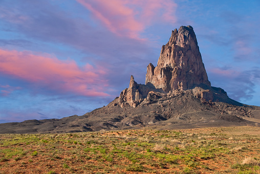 Agathla Peak (7096') is one of many interesting diatreme rock formations in the Monument Valley area. This volcanic pipe was formed when magma rose through a crack in the Earth's crust and made contact with a shallow body of ground water. Agathla Peak is located in Navajo County just north of Kayenta, Arizona, USA.