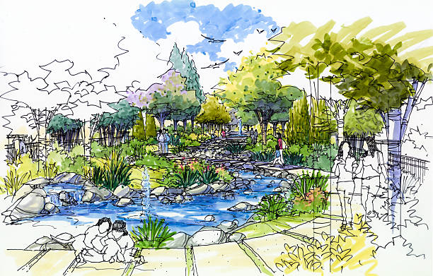 Landscape garden sketch series 23 Landscape garden showing the foot path, dry stream and lush on background. This sketch created, drawn in pen and marker by the photographer. Please visit my lightboxes for more related images. landscape design stock illustrations