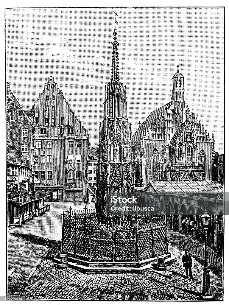 Ancienne illustration de la Fontaine Schöner Brunnen de Nuremberg - Illustration de Allemagne libre de droits