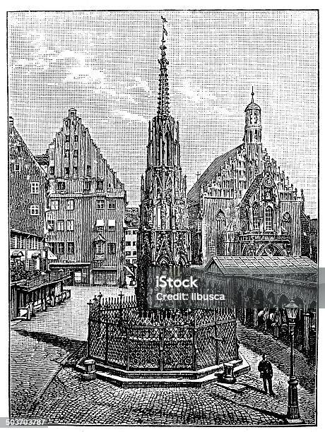 Ancienne Illustration De La Fontaine Schöner Brunnen De Nuremberg Vecteurs libres de droits et plus d'images vectorielles de Allemagne
