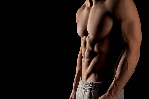 Muscular male torso Muscular male torso on a black background six pack stock pictures, royalty-free photos & images