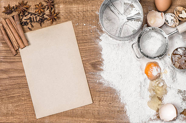 istock Food background. Baking tools ingredients. Recipe book 503705774