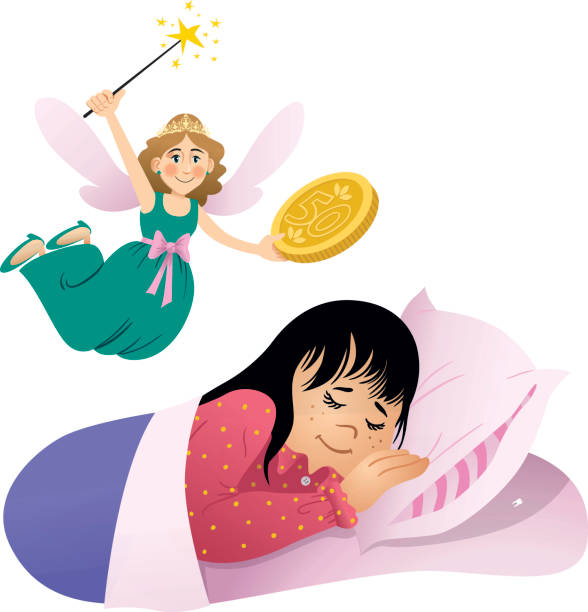 Fairy tooth with a trading coin Vector illustration of a cute little girl sleeping and the Fairy Tooth with a coin to exchange for the teeth pics of the godmother stock illustrations