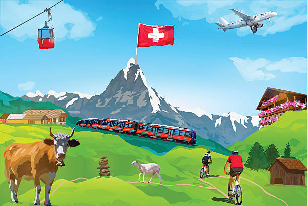 Alps Matterhorn card Alps Matterhorn mountain welcome card with landmarks switzerland stock illustrations