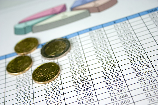 Financial management charts with some euro coins