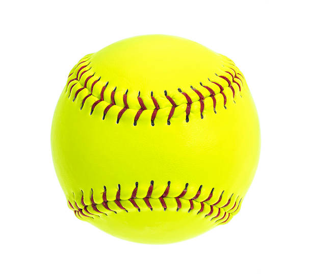 istock Fluorescent Yellow Softball with red stitches on white background 503708310