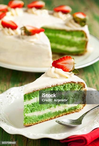 Cake With Matcha And Strawberry Stock Photo - Download Image Now - Backgrounds, Baked Pastry Item, Bakery