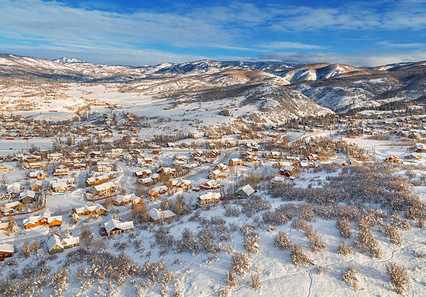 Winter village from midair Steamboat springs, colorado village from a hot air ballon midair. steamboat springs stock pictures, royalty-free photos & images