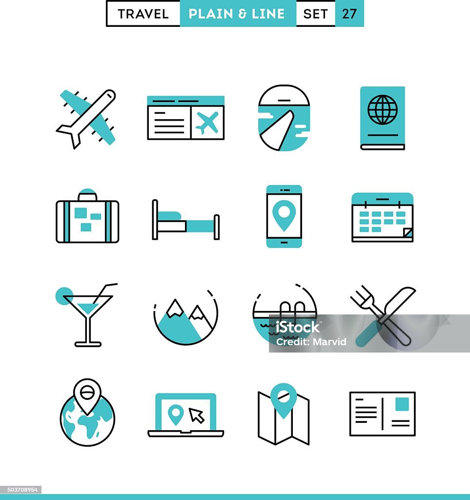 Travel, flight, accommodation, destination booking and more. Travel, flight, accommodation, destination booking and more. Plain and line icons set, flat design, vector illustration Airplane stock vector