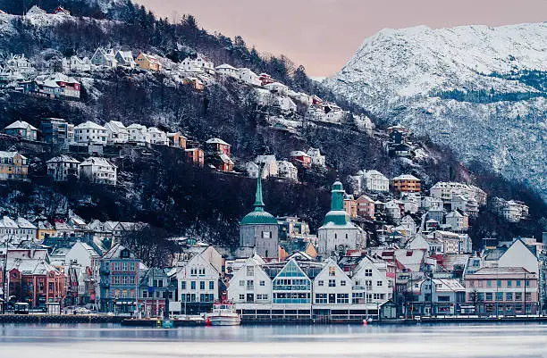 View of the harbor in winter in Bergen, Norway