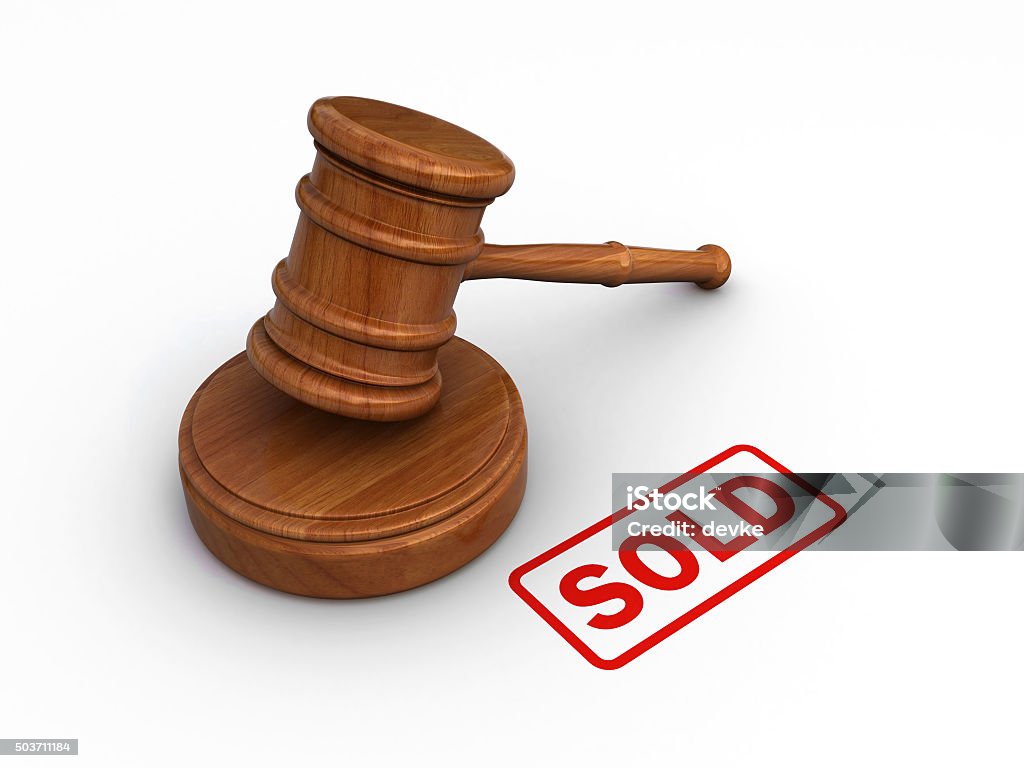 Auction 3d render of an auction concept ( judge gavel and  stamp showing sold) Digitally Generated Image Stock Photo