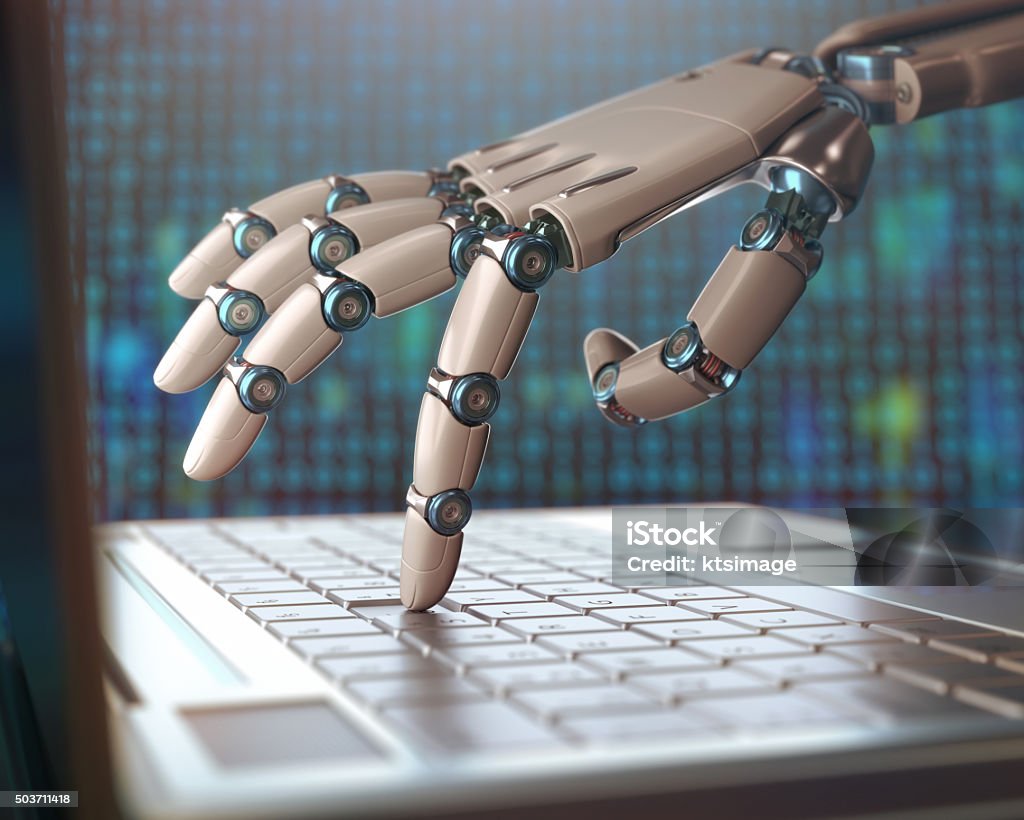 Replacement Of Humans By Machines Robotic hand, accessing on laptop, the virtual world of information. Concept of artificial intelligence and replacement of humans by machines. Mechatronics Stock Photo