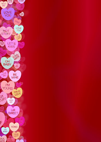 Traditional candy message hearts create a vertical border against a deep lipstick red background.
