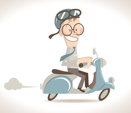 Happy businessman riding a motorcycle (motor scooter) with half helmet