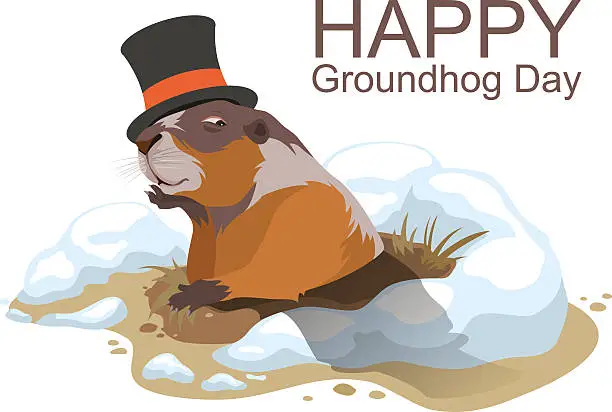 Vector illustration of Happy Groundhog Day. Marmot climbed out of hole