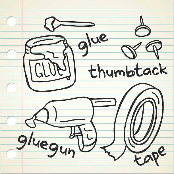 Vector illustration of glue,thumbtack and tape doodle