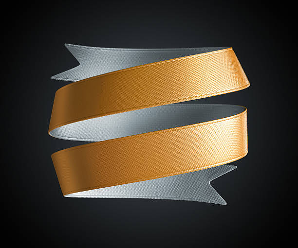 3d golden silver metallic ribbon tag Isolated on black background,