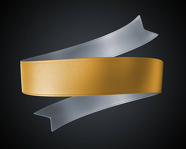 3 d oro plata metálica cinta lengüeta aislada sobre fondo negro, - insignia símbolo fotos fotografías e imágenes de stock
