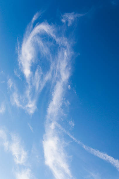 푸른 하늘, 바람개비 chemtrails - vapor trail cirrus sky cloudscape 뉴스 사진 이미지