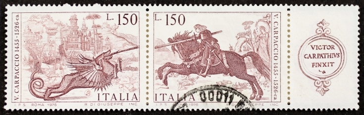 ITALY  CIRCA 1976: a block of stamps printed in Italy shows St. George Killing the Dragon by Vittore Carpaccio (ca. 1465  ca. 1525), famous Venetian painter. Italy, circa 1976