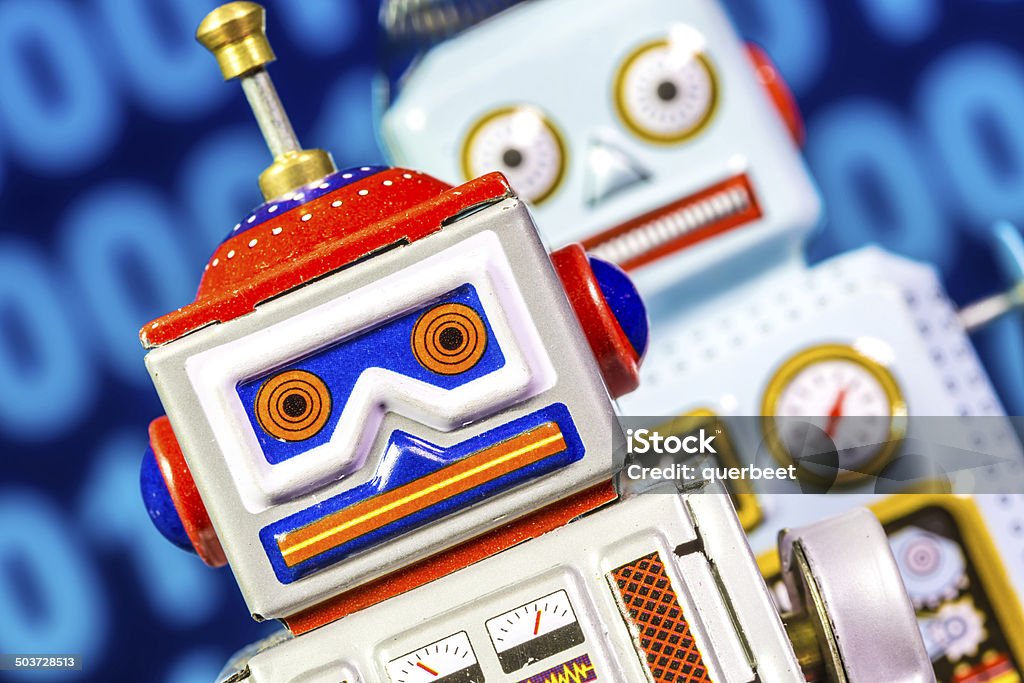 Zwei Retro-Tin Roboter mit Binärcode - Lizenzfrei 1960-1969 Stock-Foto