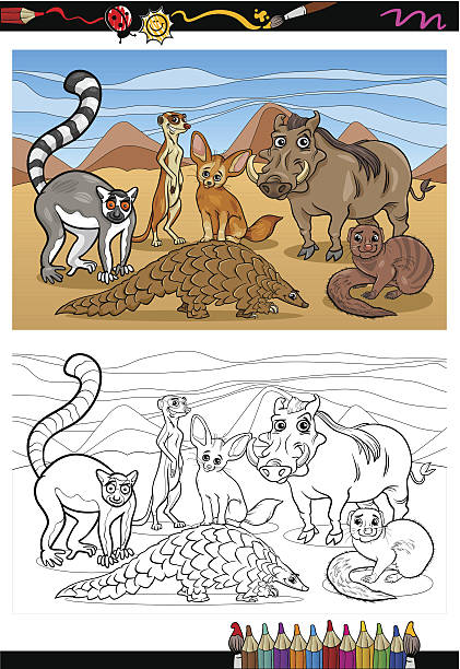 african mammals cartoon coloring book Coloring Book or Page Cartoon Illustration of Black and White Funny African Mammals Animals Characters Group for Children african animals coloring pages stock illustrations