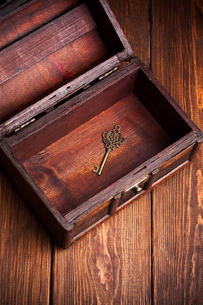 istock vintage key inside old treasure chest on wooden background 503731381