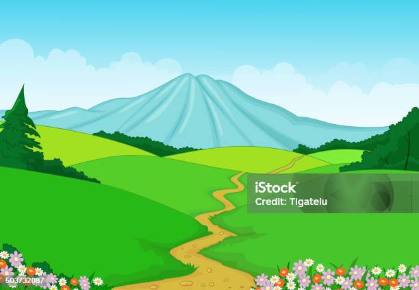 Beautiful Green Landscape Cartoon Background Stock Illustration - Download  Image Now - Mountain, Vegetable Garden, Agricultural Field - iStock