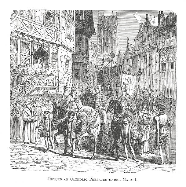 Return of Catholic Prelates under Mary I. (antique engraving) 19th-century illustration of a scene of returning of Catholic prelates under Mary I of England. Original artwork published in "A pictorial history of the world's great nations: from the earliest dates to the present time" vol.2 by Charlotte M. Yonge (Selmar Hess, New York, 1882). prelate stock illustrations