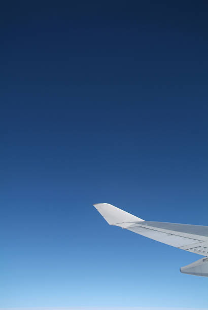 istock Airplane Wing in Flight from window, Blue sky 503733924