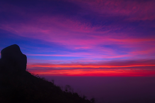 colorful of Sunrise scene with Mist on mountain at Doi Mokoju Thailand.