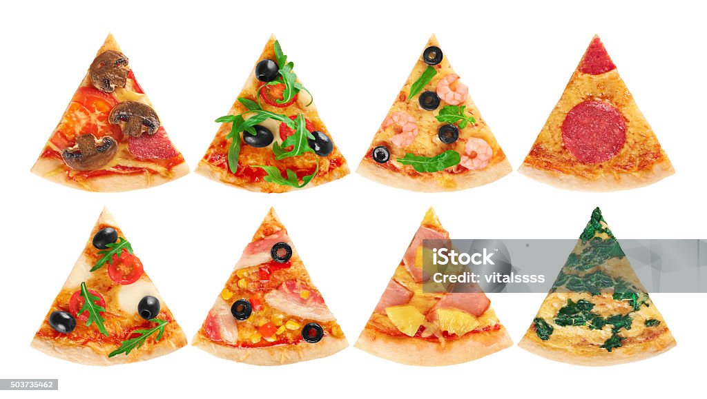 Pieces of pizza on a white background. Collection. Pizza Stock Photo