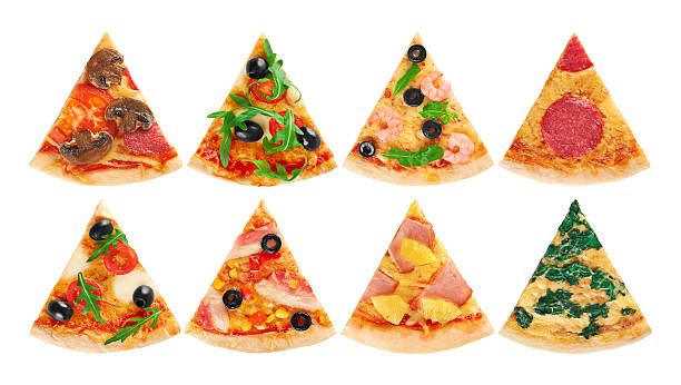 Pieces of pizza on a white background. Collection. Pieces of pizza on a white background. Collection. dessert topping photos stock pictures, royalty-free photos & images