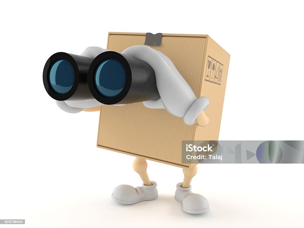 Package Package character with binoculars isolated on white background Binoculars Stock Photo