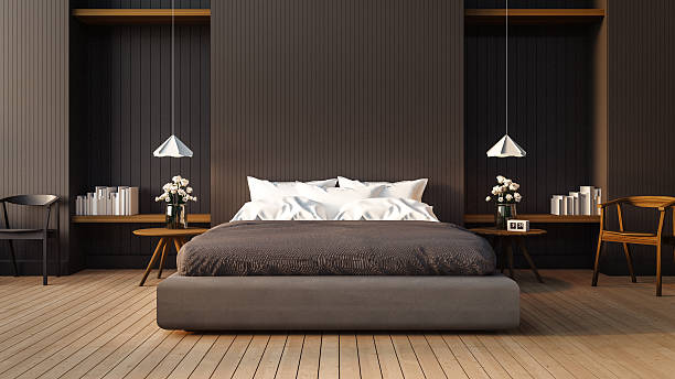 y moderno dormitorio tipo loft - hotel room bedroom hotel contemporary fotografías e imágenes de stock
