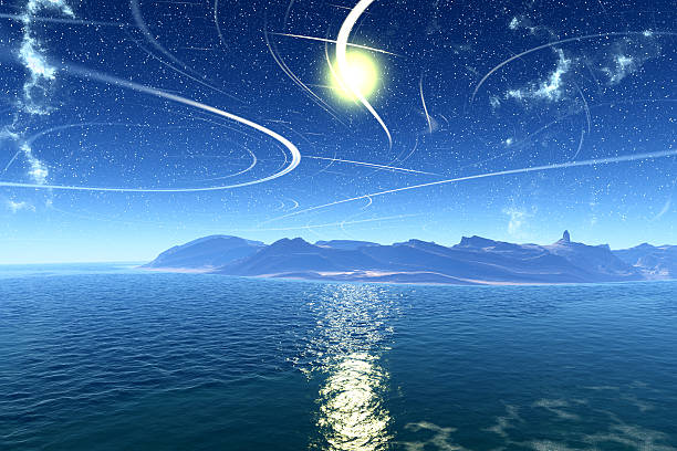 istock Alien Planet. Lake, rocks and moon 503742484