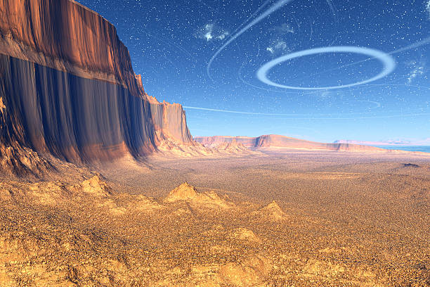 istock Alien Planet. Lake, rocks and moon 503742940