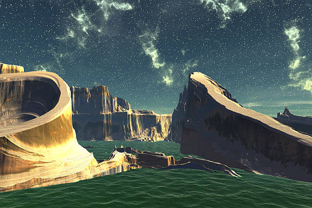 istock Alien Planet. Lake, rocks and moon 503743172