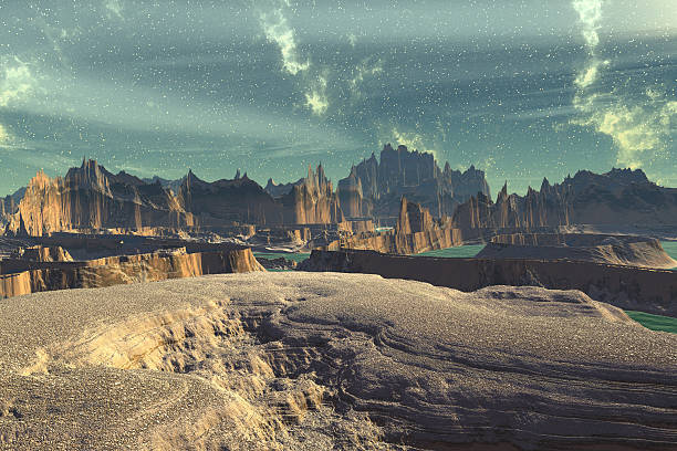 istock Alien Planet. Lake, rocks and moon 503743312