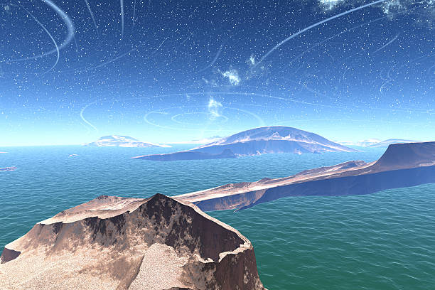 istock Alien Planet. Lake, rocks and moon 503743354